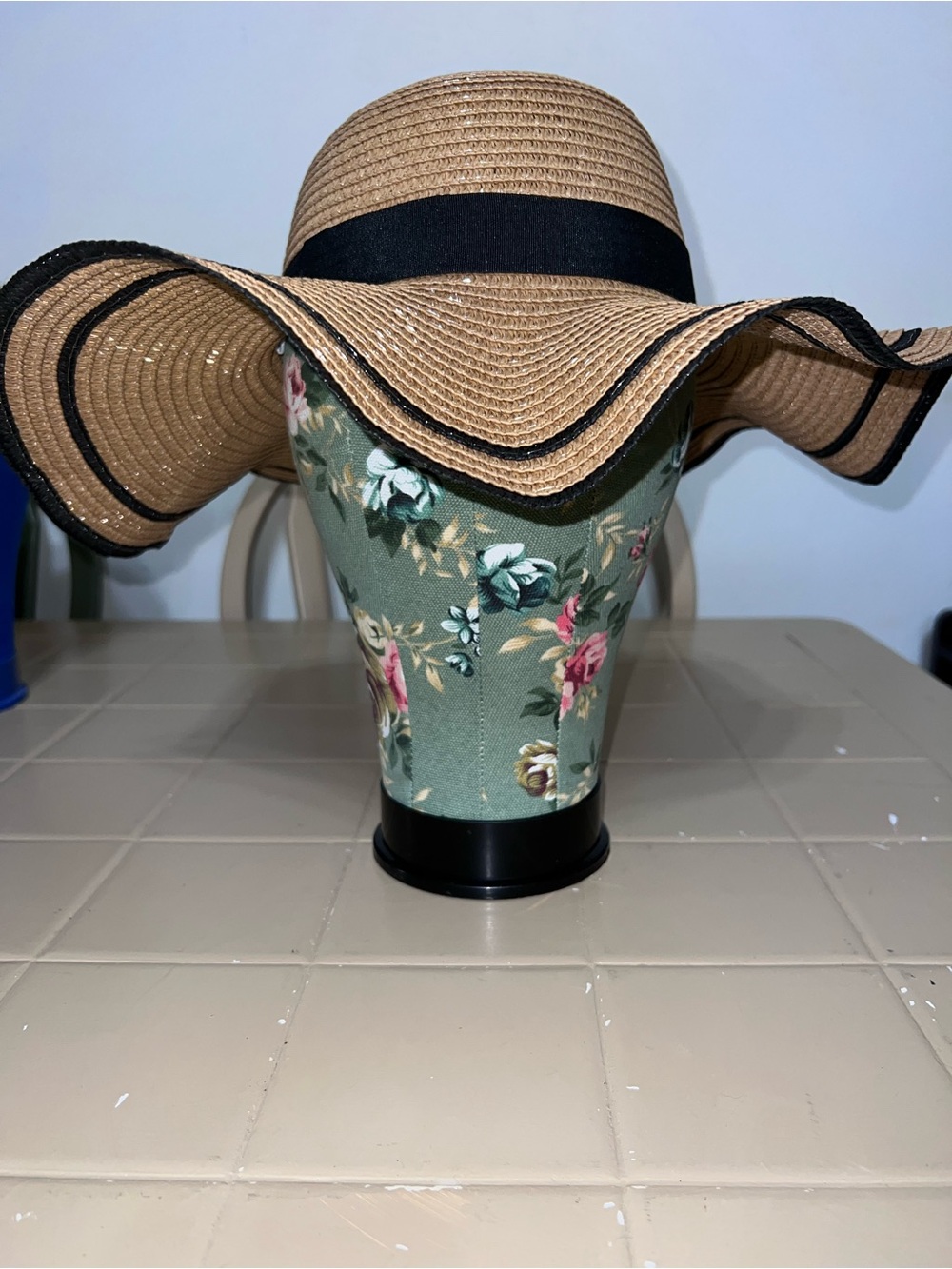Natural Straw Wide-Brim Sun Hat with Black Trim